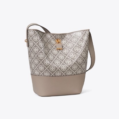 Tory Burch designer shoulder bags T Monogram Coated Jacquard Lock Slim Bucket Bag in Charcoal angle
