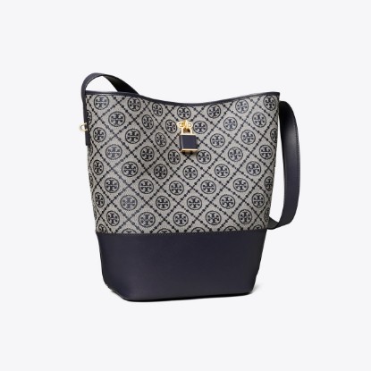 Tory Burch designer shoulder bags T Monogram Lock Slim Bucket Bag in Tory Navy angle