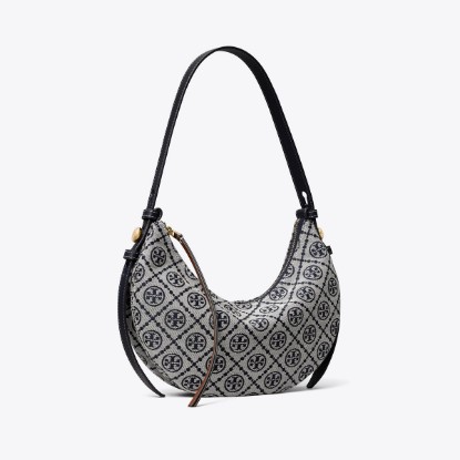 Tory Burch designer shoulder bags T Monogram Romy Half Moon Bag in Tory Navy angle