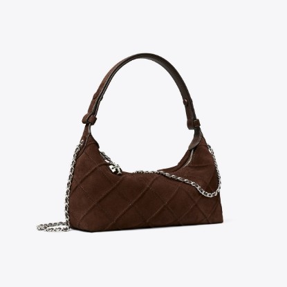 Tory Burch designer crossbody bags Fleming Suede Pochette in Dark Cocoa angle
