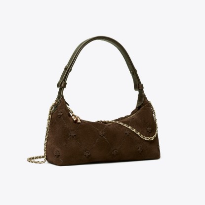 Tory Burch designer crossbody bags Bunny Knot Suede Pochette in Dark Cocoa angle